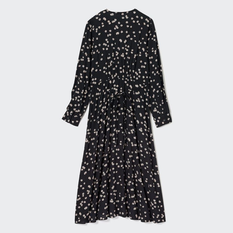 Women's Uniqlo Printed V Neck Flared Long Sleeved Dress Black | MGAS-60829