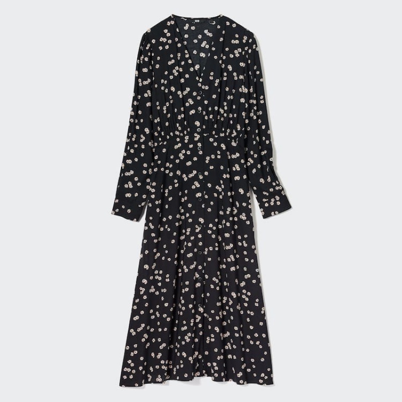 Women\'s Uniqlo Printed V Neck Flared Long Sleeved Dress Black | MGAS-60829