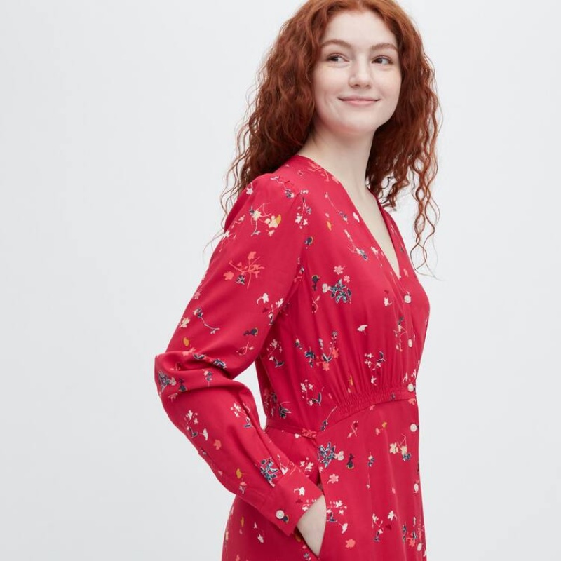 Women's Uniqlo Printed V Neck Flared Long Sleeved Dress Red | XAWO-80256