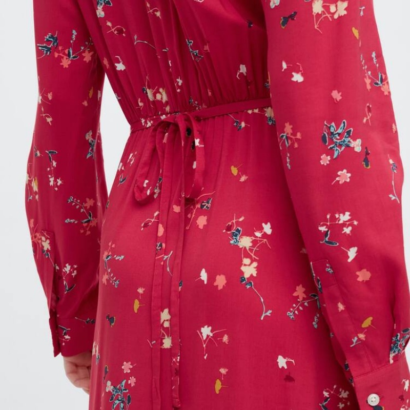 Women's Uniqlo Printed V Neck Flared Long Sleeved Dress Red | XAWO-80256