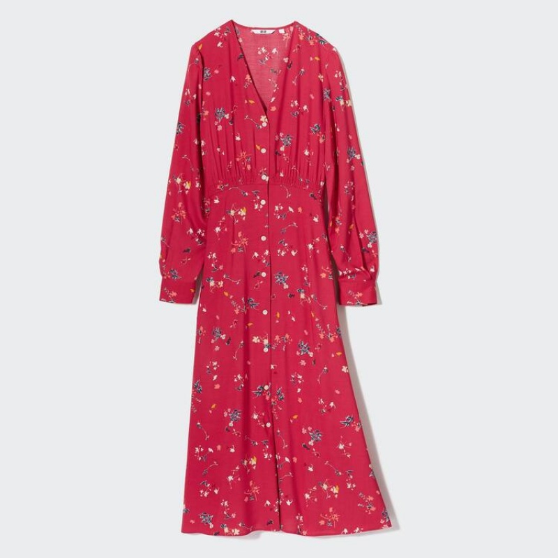 Women's Uniqlo Printed V Neck Flared Long Sleeved Dress Red | XAWO-80256