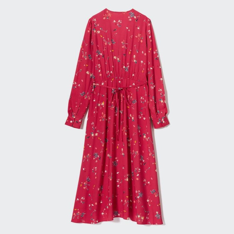 Women's Uniqlo Printed V Neck Flared Long Sleeved Dress Red | XAWO-80256