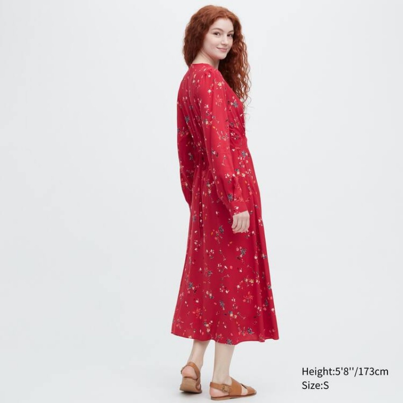 Women\'s Uniqlo Printed V Neck Flared Long Sleeved Dress Red | XAWO-80256