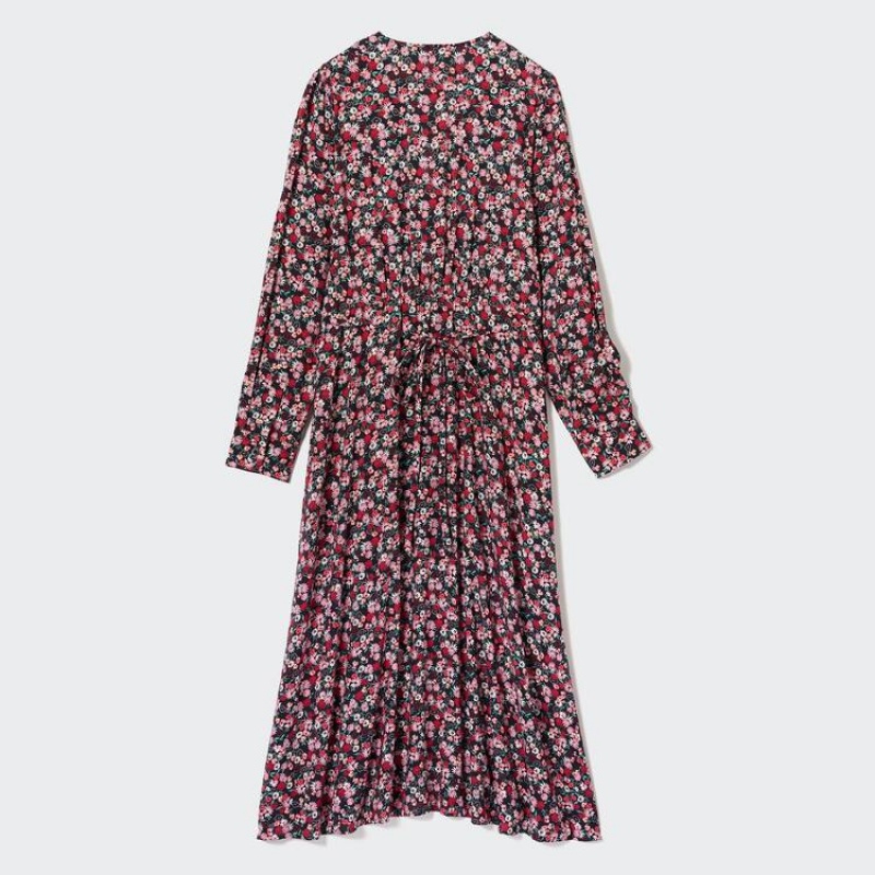 Women's Uniqlo Printed V Neck Flared Long Sleeved Dress Pink | CRKX-75098