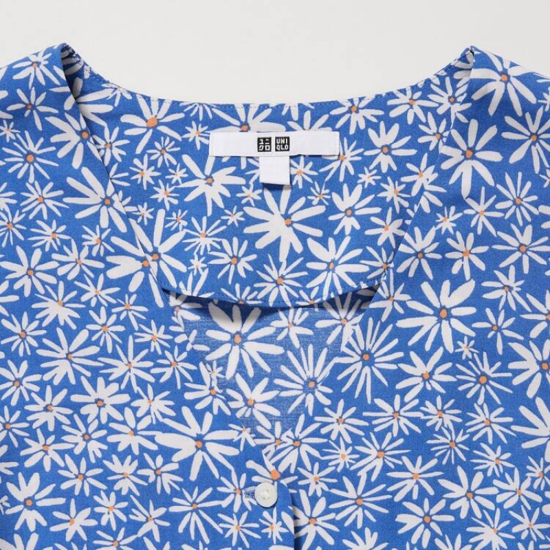 Women's Uniqlo Printed V Neck Long Sleeved Blouse Blue | LFSD-94571