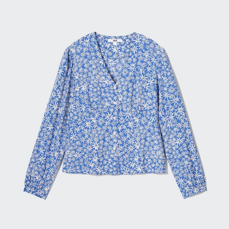 Women\'s Uniqlo Printed V Neck Long Sleeved Blouse Blue | LFSD-94571