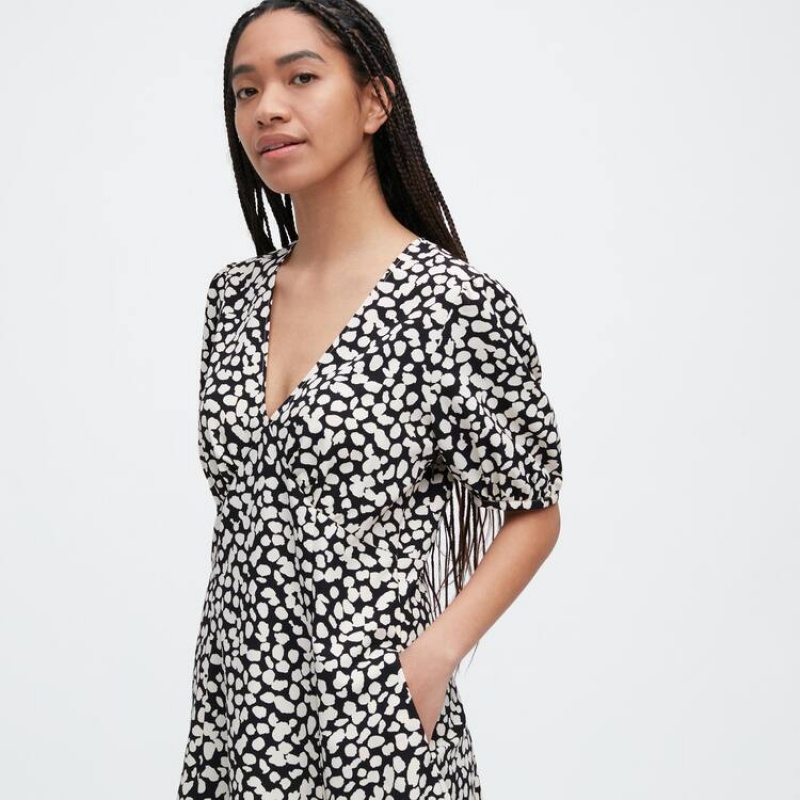 Women's Uniqlo Printed V Neck Short Sleeved Mini Dress White / Black | LPWA-83605