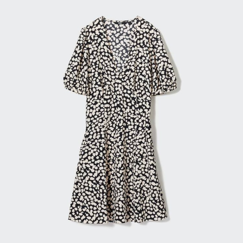 Women's Uniqlo Printed V Neck Short Sleeved Mini Dress White / Black | LPWA-83605