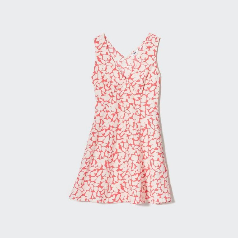 Women's Uniqlo Printed V Neck Sleeveless Mini Dress Red | HRTP-48725