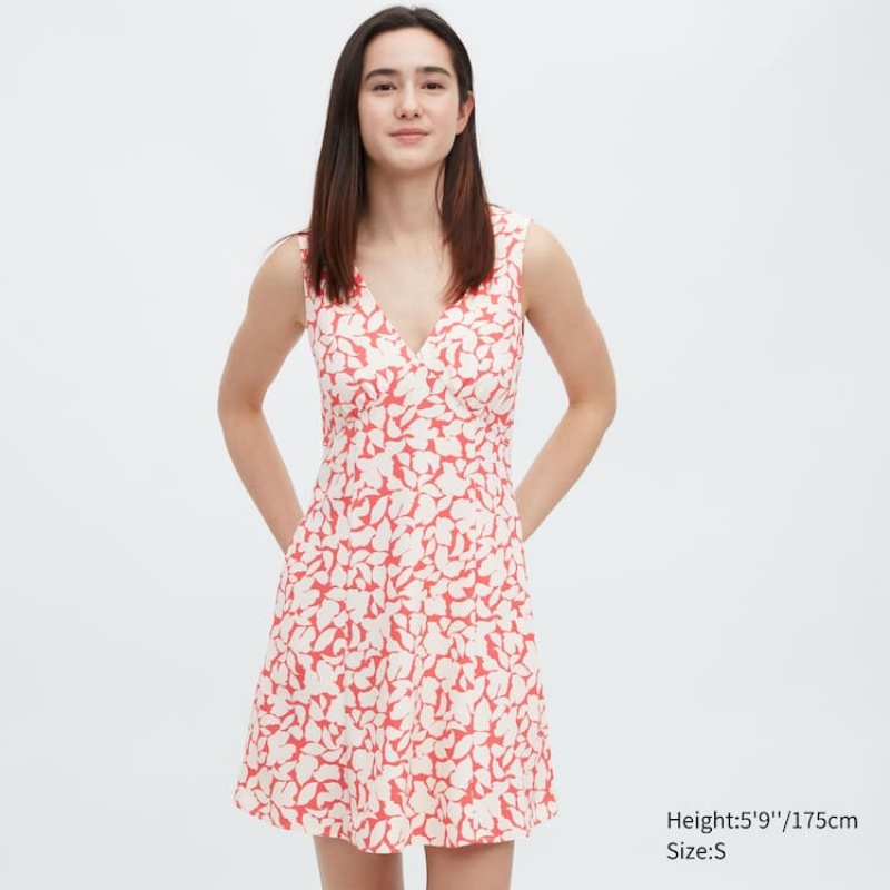 Women\'s Uniqlo Printed V Neck Sleeveless Mini Dress Red | HRTP-48725