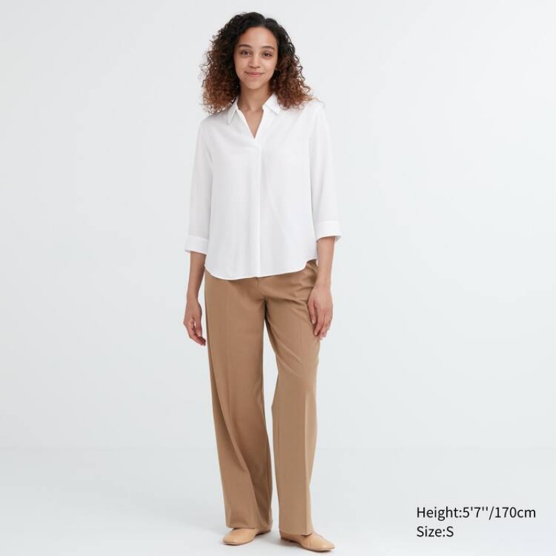 Women's Uniqlo Rayon 3/4 Sleeve Blouse White | HZSK-17350