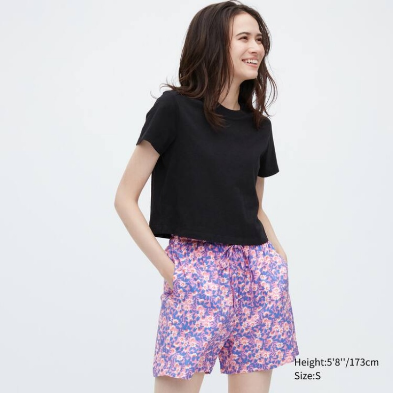 Women\'s Uniqlo Rayon Easy Printed Shorts Pink | CUTS-94315