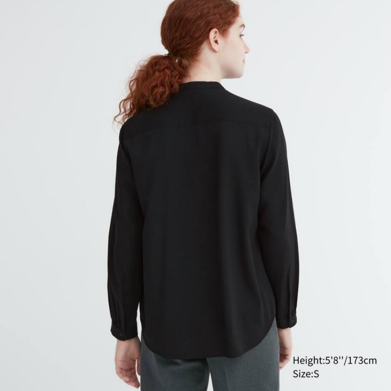 Women's Uniqlo Rayon Pintuck Long Sleeved Blouse Black | DQZW-15783