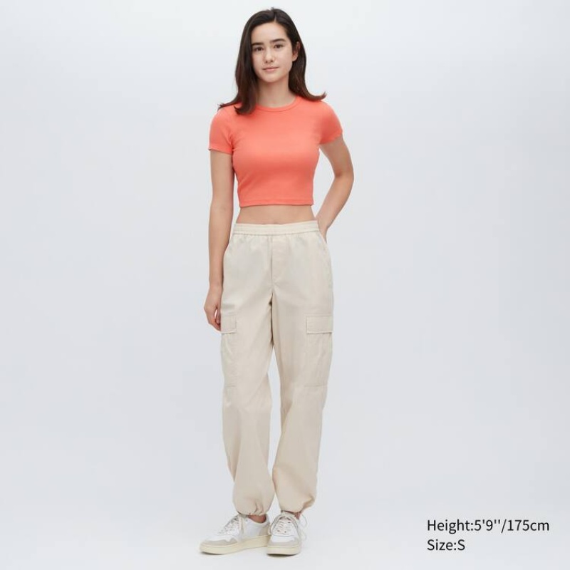 Women's Uniqlo Ribbed Cropped Crew Neck T Shirts Orange | KRGE-70234