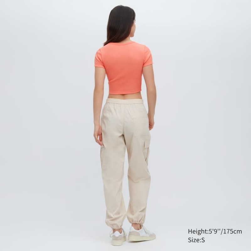 Women's Uniqlo Ribbed Cropped Crew Neck T Shirts Orange | KRGE-70234