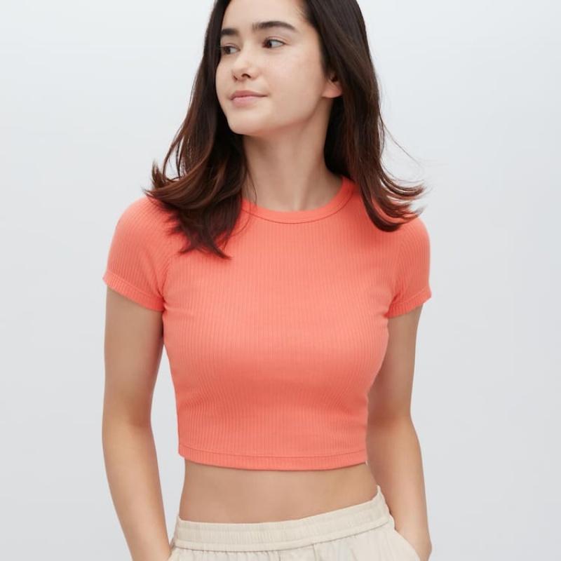 Women's Uniqlo Ribbed Cropped Crew Neck T Shirts Orange | KRGE-70234