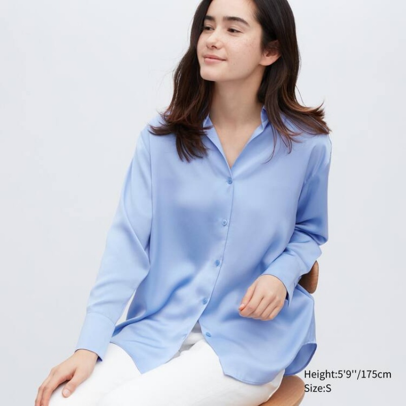 Women\'s Uniqlo Satin Long Sleeved Blouse Blue | OFMA-41072