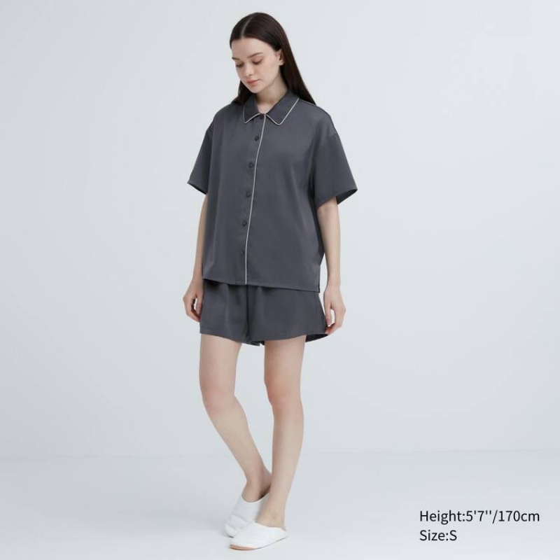 Women's Uniqlo Satin Pajamas (Short Sleeve) Loungewear Grey | ONRP-34508