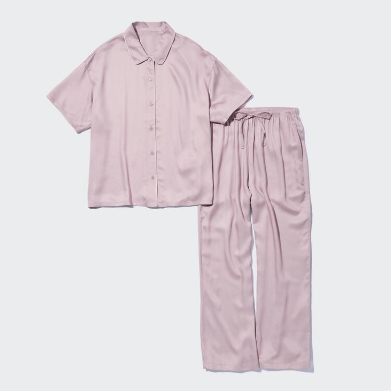 Women\'s Uniqlo Satin Pajamas (Short Sleeve) Loungewear Pink | AOEU-49637