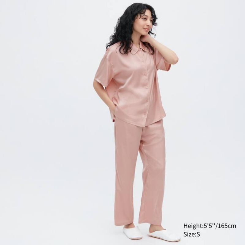 Women\'s Uniqlo Satin Pajamas (Short Sleeve) Loungewear Pink | LOMI-32756