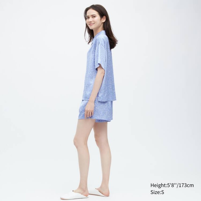 Women's Uniqlo Satin Printed Pajamas (Short Sleeve) Loungewear Blue | NBIF-71490