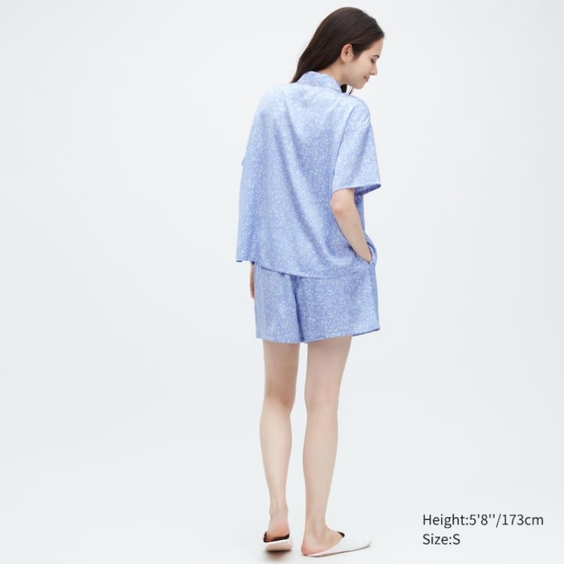 Women's Uniqlo Satin Printed Pajamas (Short Sleeve) Loungewear Blue | NBIF-71490