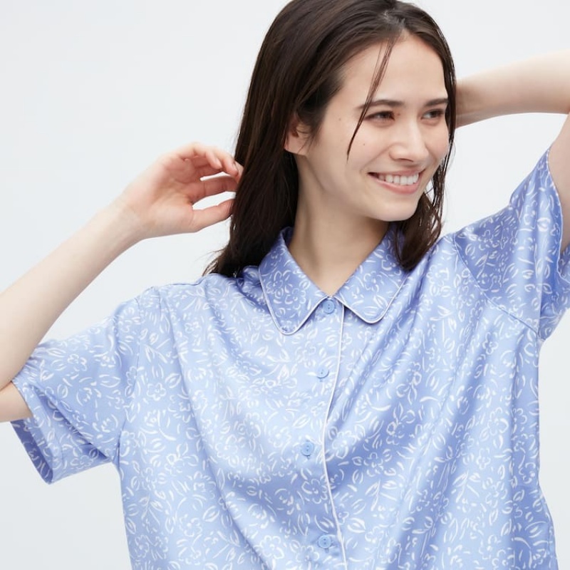 Women's Uniqlo Satin Printed Pajamas (Short Sleeve) Loungewear Blue | NBIF-71490