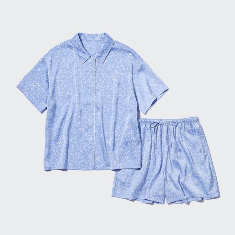 Women's Uniqlo Satin Printed Pajamas (Short Sleeve) Loungewear Blue | NBIF-71490