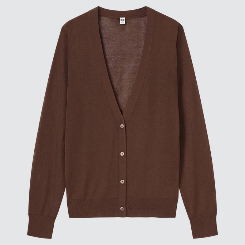 Women\'s Uniqlo Sheer V Neck Cardigan Brown | KGTW-52764