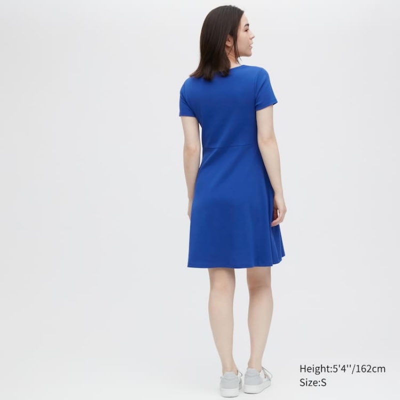 Women's Uniqlo Short Sleeved Flared Dress Blue | KZBS-13965