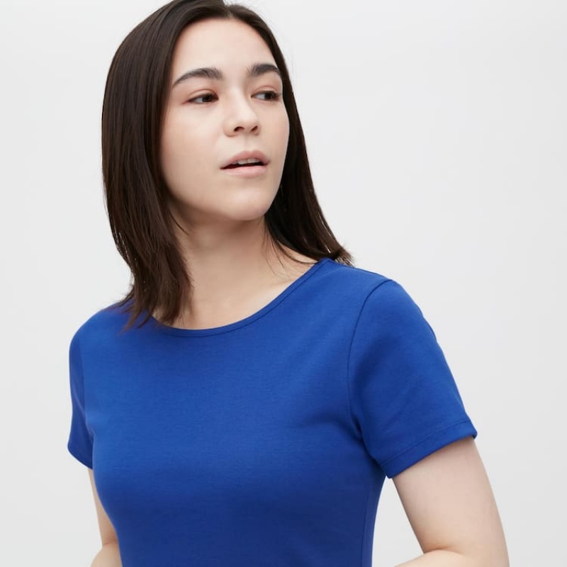 Women's Uniqlo Short Sleeved Flared Dress Blue | KZBS-13965