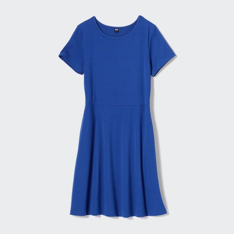 Women's Uniqlo Short Sleeved Flared Dress Blue | KZBS-13965