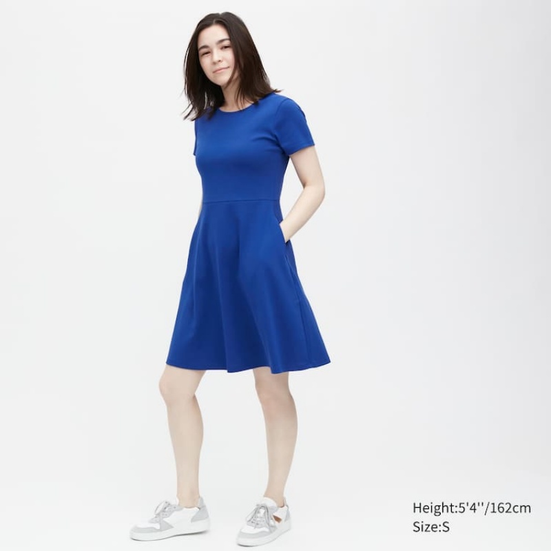 Women\'s Uniqlo Short Sleeved Flared Dress Blue | KZBS-13965