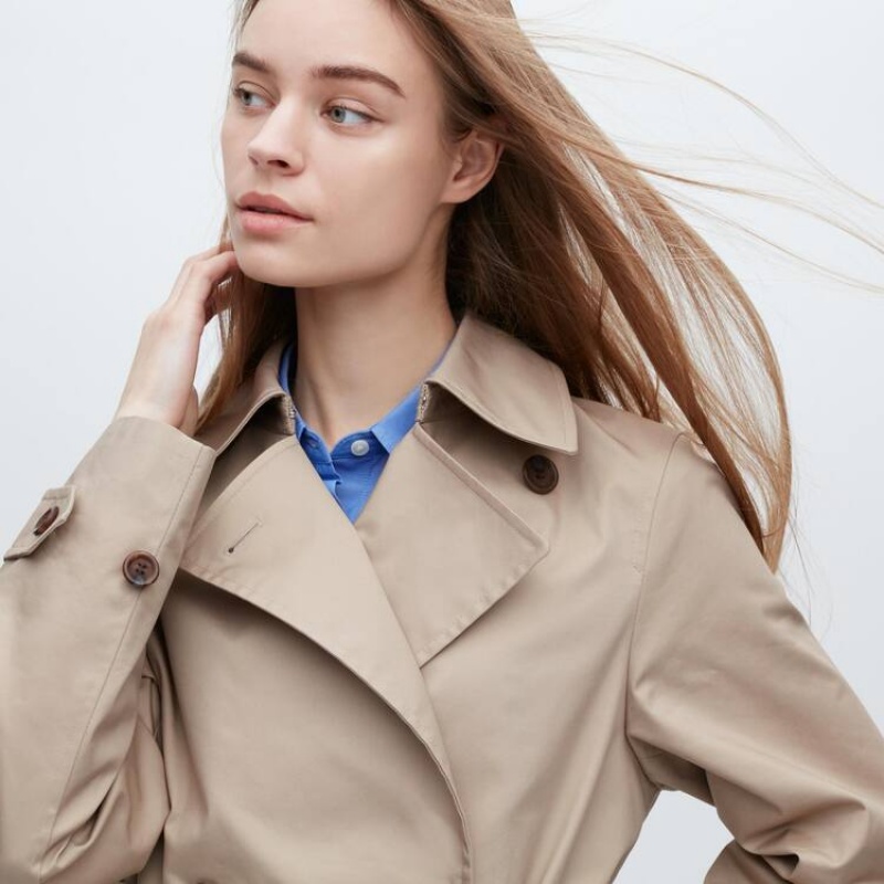 Women's Uniqlo Short Trench Coats Beige | AUWQ-12947