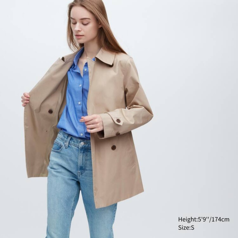 Women's Uniqlo Short Trench Coats Beige | AUWQ-12947