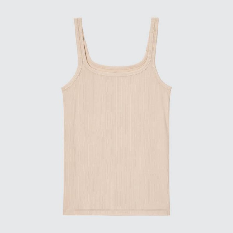 Women\'s Uniqlo Silk Blend Airism Ribbed Sleeveless Tops Beige | LMOV-40387