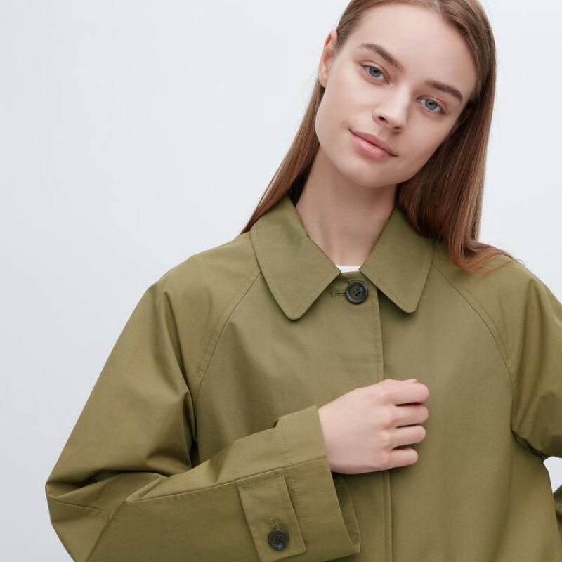 Women's Uniqlo Single Breasted Coats Olive | LAEX-14950