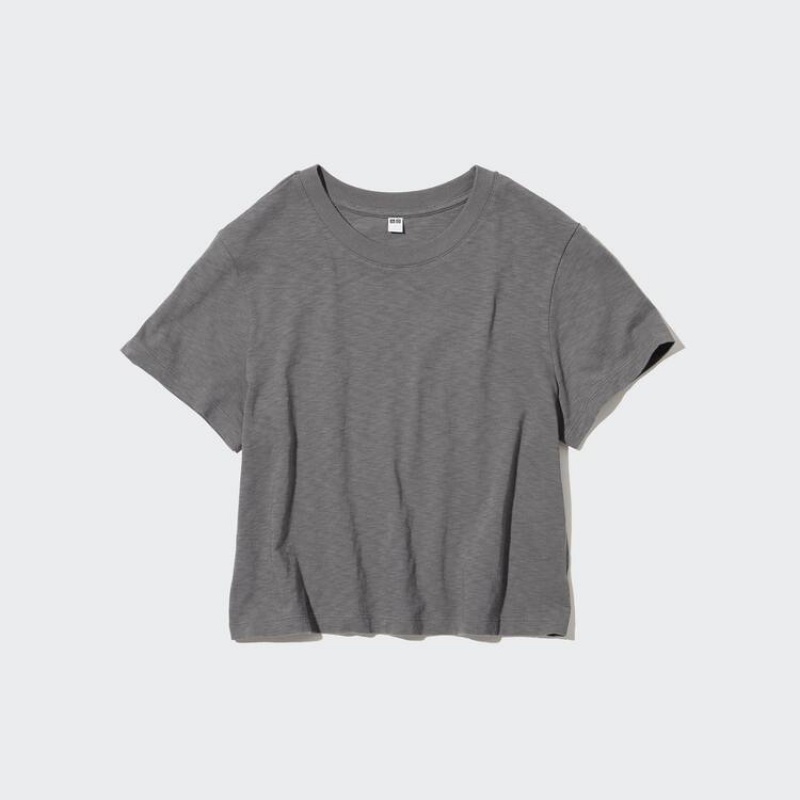 Women's Uniqlo Slub Cotton Cropped Short Sleeved T Shirts Grey | LDUQ-06938