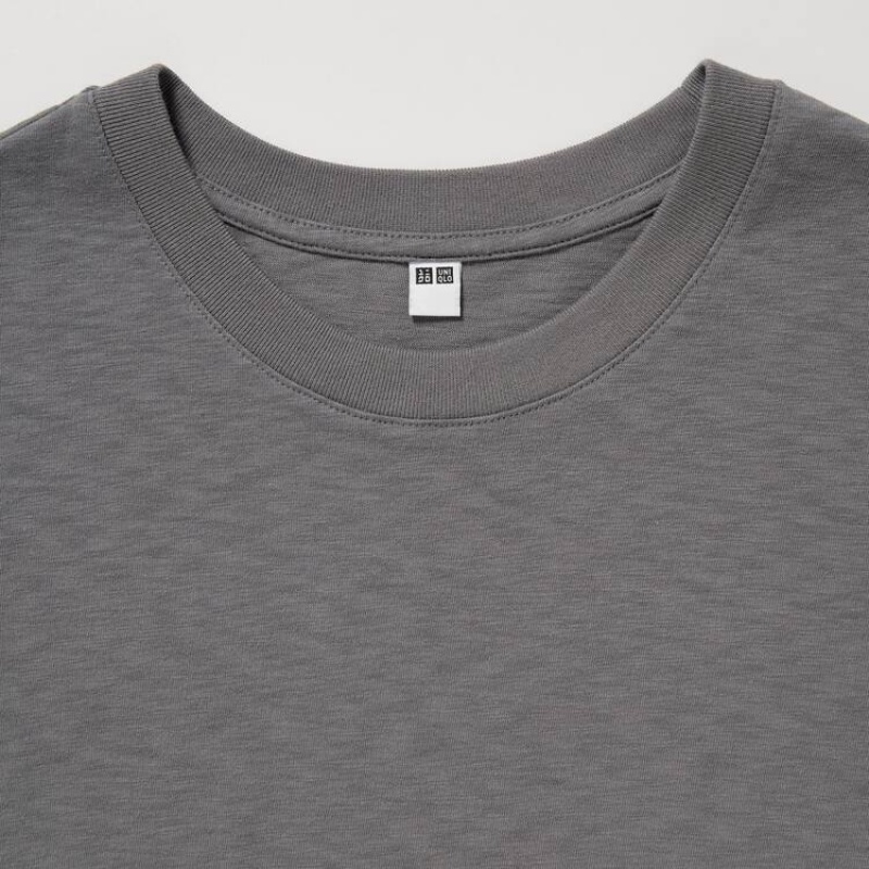 Women's Uniqlo Slub Cotton Cropped Short Sleeved T Shirts Grey | LDUQ-06938