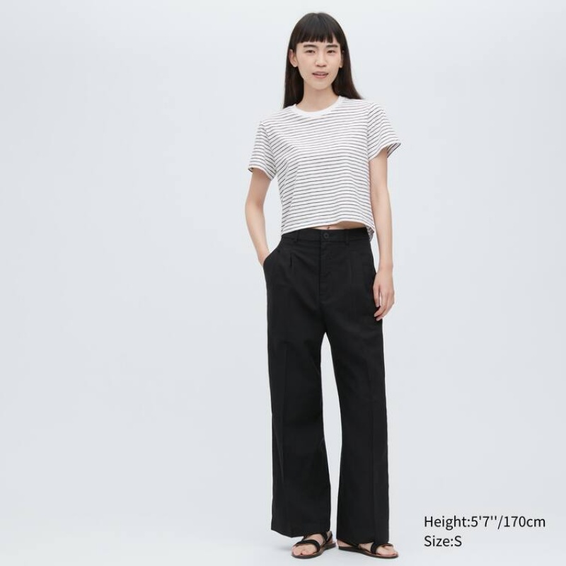 Women's Uniqlo Slub Jersey Cropped Striped Short Sleeved T Shirts White / Black | PDYV-38967