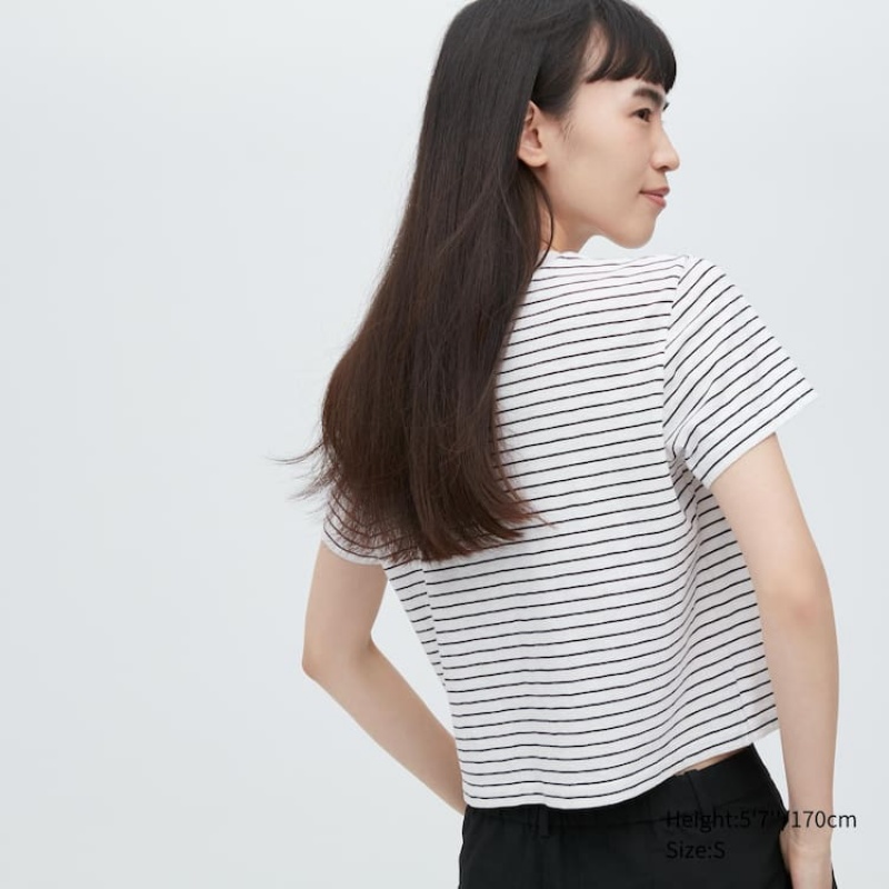 Women's Uniqlo Slub Jersey Cropped Striped Short Sleeved T Shirts White / Black | PDYV-38967