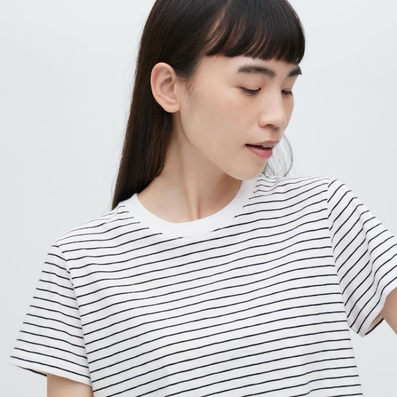 Women's Uniqlo Slub Jersey Cropped Striped Short Sleeved T Shirts White / Black | PDYV-38967