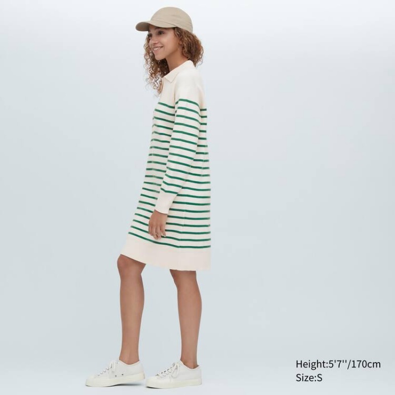 Women's Uniqlo Smooth Cotton Knit Striped Long Sleeved Dress White / Green | QHYX-25630