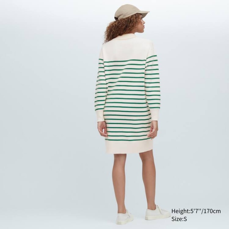 Women's Uniqlo Smooth Cotton Knit Striped Long Sleeved Dress White / Green | QHYX-25630