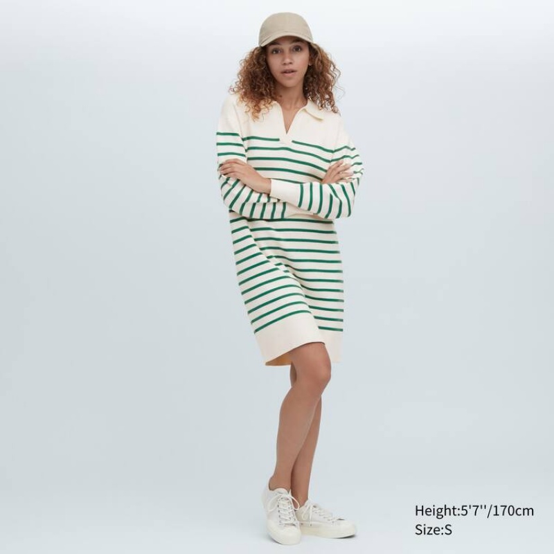 Women\'s Uniqlo Smooth Cotton Knit Striped Long Sleeved Dress White / Green | QHYX-25630