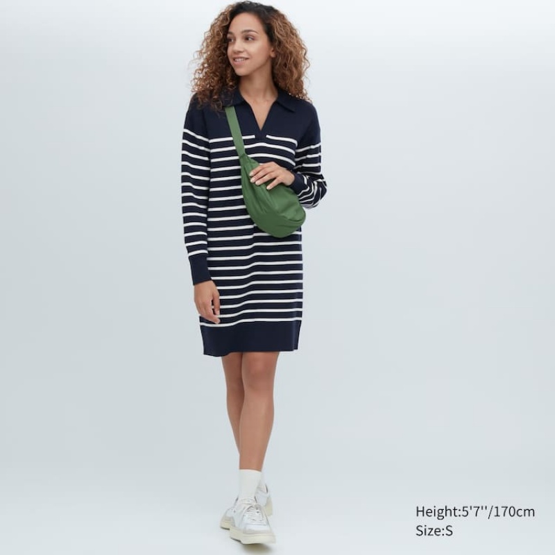 Women\'s Uniqlo Smooth Cotton Knit Striped Long Sleeved Knitwear Navy | HOBV-41650