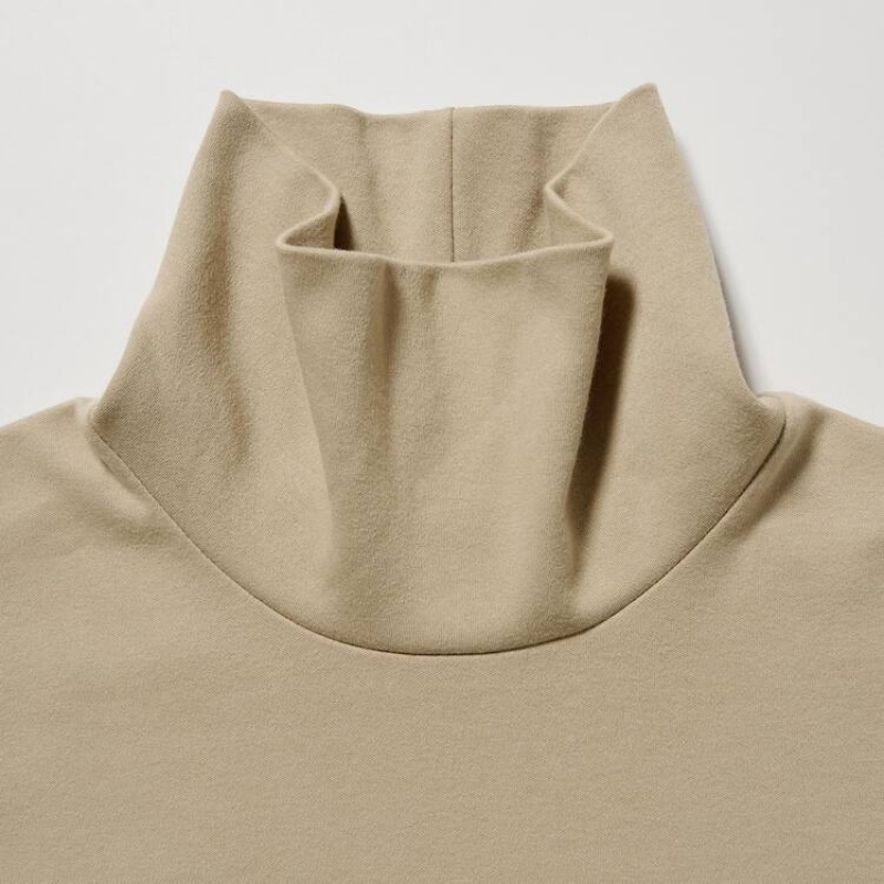 Women's Uniqlo Smooth Stretch Cotton Turtleneck Long Sleeved Tops Beige | OXHK-82430