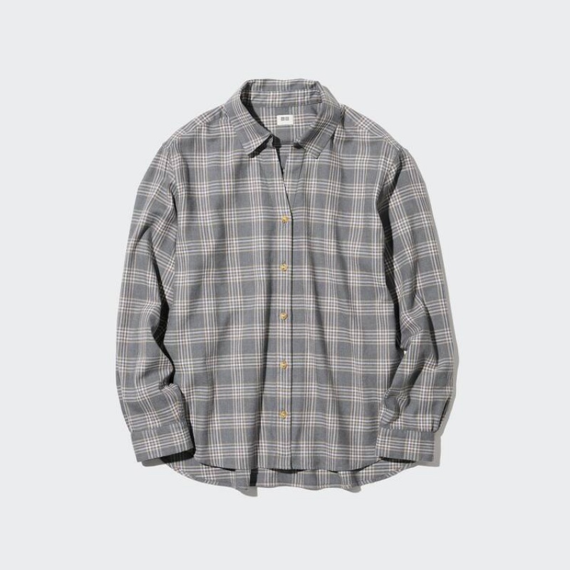 Women's Uniqlo Soft Brushed Checked Long Sleeved Shirts Grey | WYRS-81623