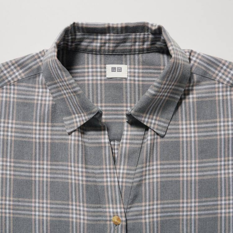 Women's Uniqlo Soft Brushed Checked Long Sleeved Shirts Grey | WYRS-81623