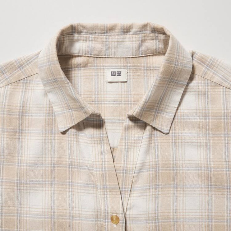 Women's Uniqlo Soft Brushed Checked Long Sleeved Shirts Beige | NJEP-93170